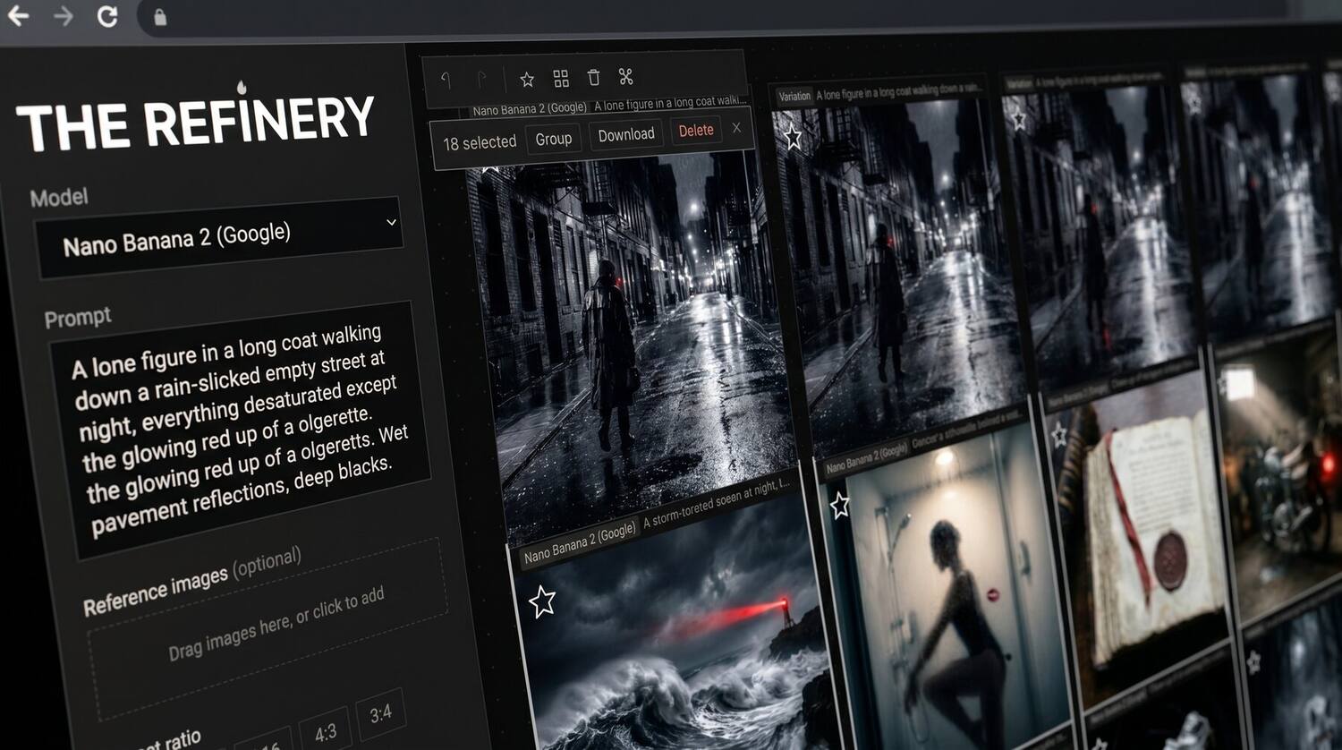The Refinery board — selecting, grouping, and managing generated images on the canvas